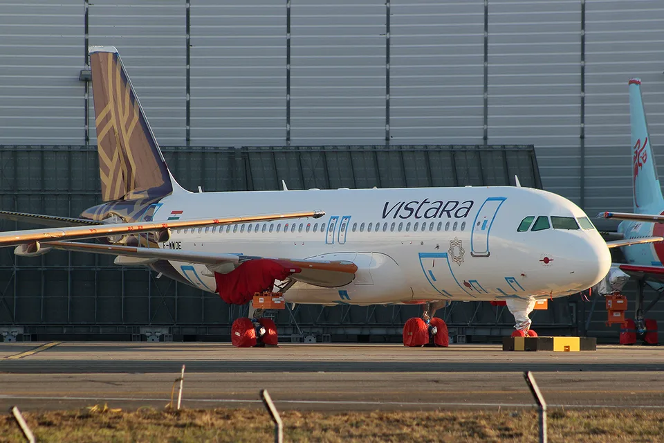 Vistara Airbus A320neo parked at Toulouse with test registration F-WWDE.