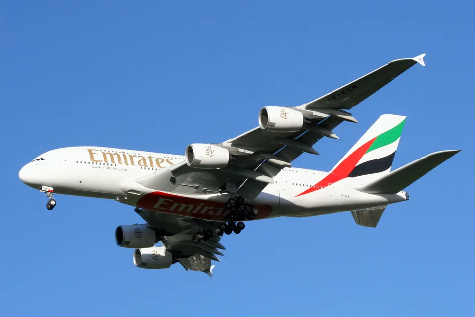 Emirates Airbus A380 A6-EEM approaching Heathrow with its landing gear extended