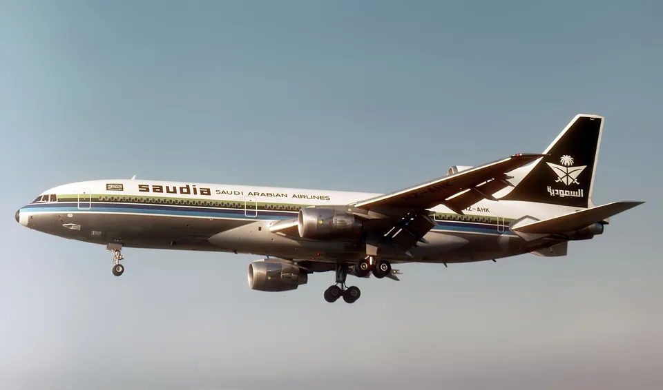 Saudi Arabian Airlines Lockheed L-1011 HZ-AHK approaching London Heathrow with landing gear extended in 1979.