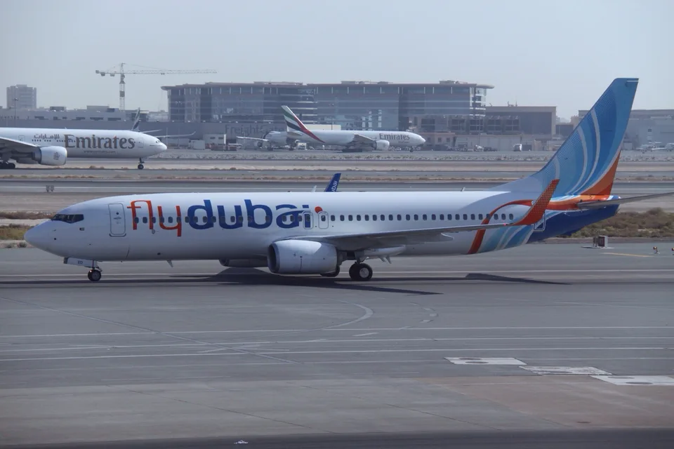 Flydubai Boeing 737-800 A6-FED taxiing at Dubai International Airport.
