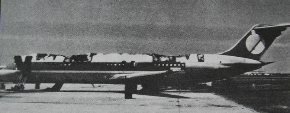 Air Canada DC-9 C-FTLU with extensive fire damage to its upper fuselage
