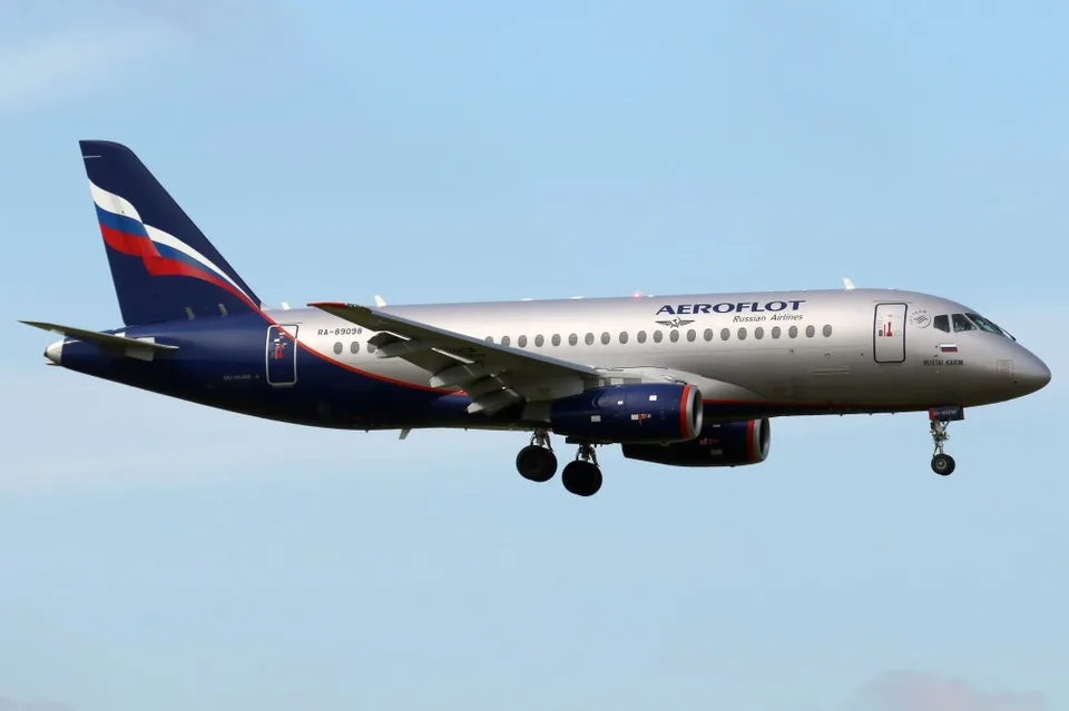 Aeroflot RRJ-95B RA-89098 in flight with its landing gear extended.