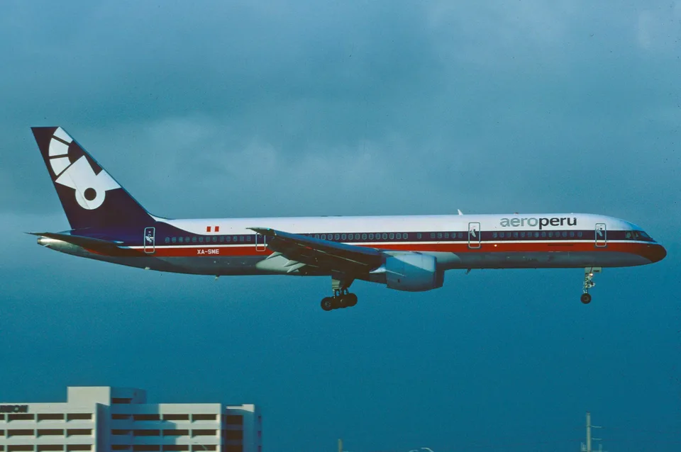 Aeroperu Boeing 757 carrying registration XA-SME with landing gear extended