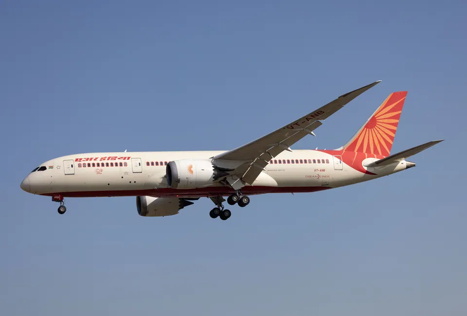 Air India Boeing 787-8 VT-ANB with its landing gear extended at London Heathrow.
