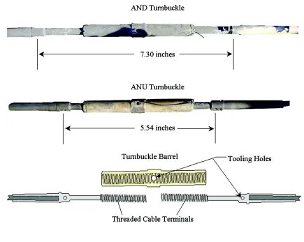 Two recovered elevator cable turnbuckles with measured lengths and a component diagram.