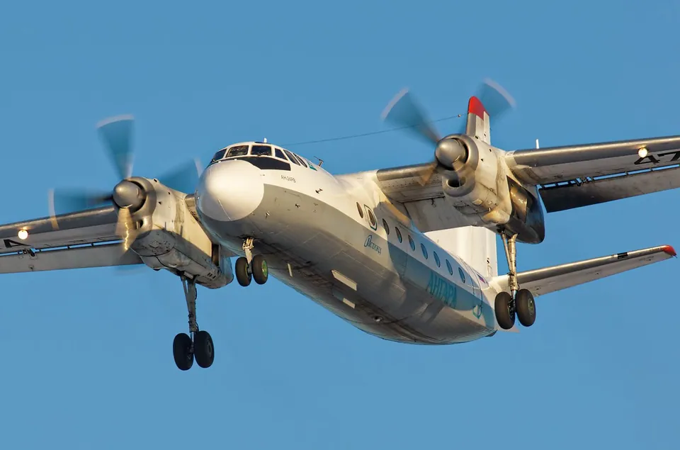 Angara Airlines Antonov An-24RV RA-47315 with its landing gear extended.