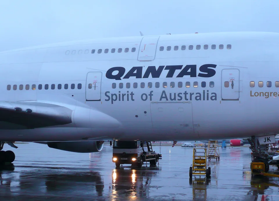 Right side of Qantas Boeing 747 VH-OJK at Heathrow after repair