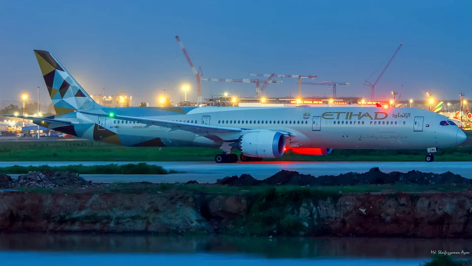 Etihad Airways Boeing 787-10 A6-BMD at Dhaka in evening light.