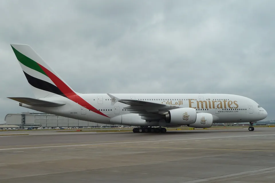 Emirates Airbus A380 A6-EDQ on the ground at London Heathrow in November 2011.
