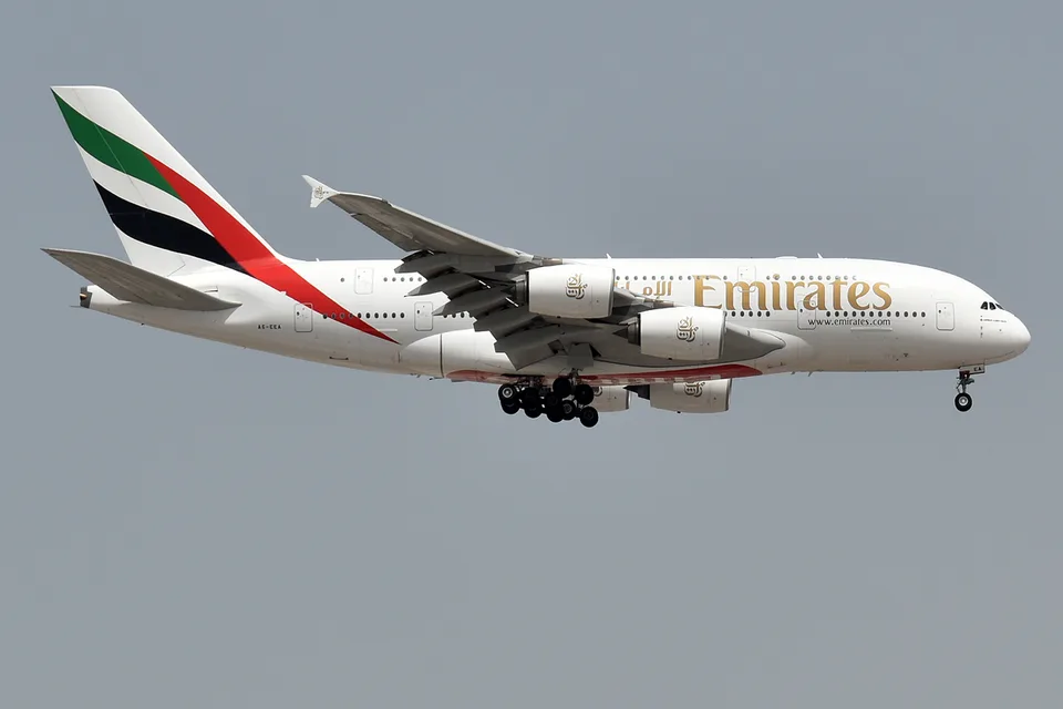 Emirates Airbus A380 A6-EEA in flight with landing gear extended