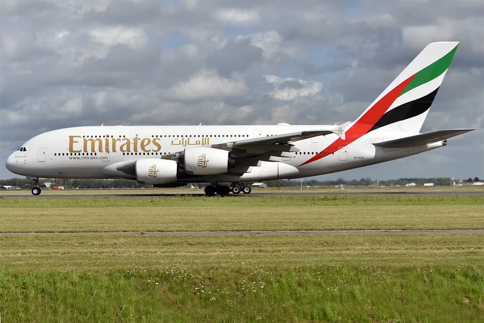 Emirates Airbus A380 A6-EOL on a taxiway at Amsterdam Schiphol.