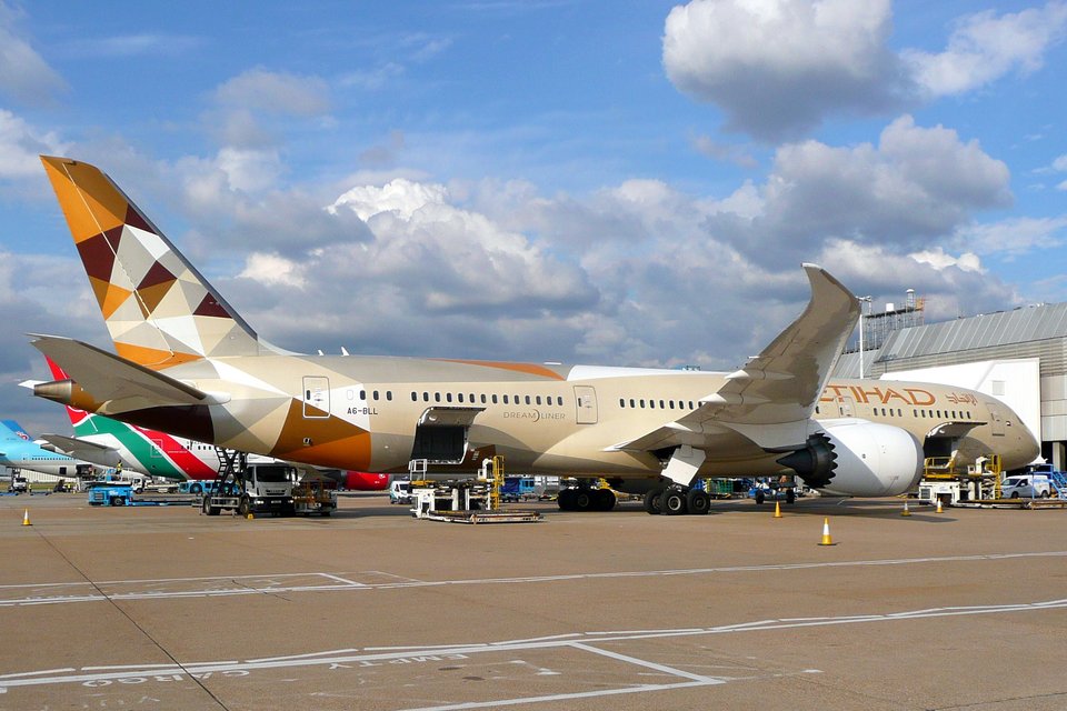Etihad Airways Boeing 787-9 A6-BLL parked at London Heathrow.