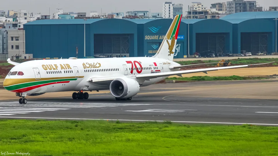 Gulf Air Boeing 787-9 A9C-FG in retro colours at Dhaka.